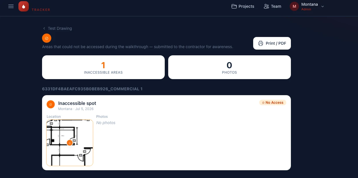 No-access report for firestop contractors — locked rooms and blocked areas documented with dates