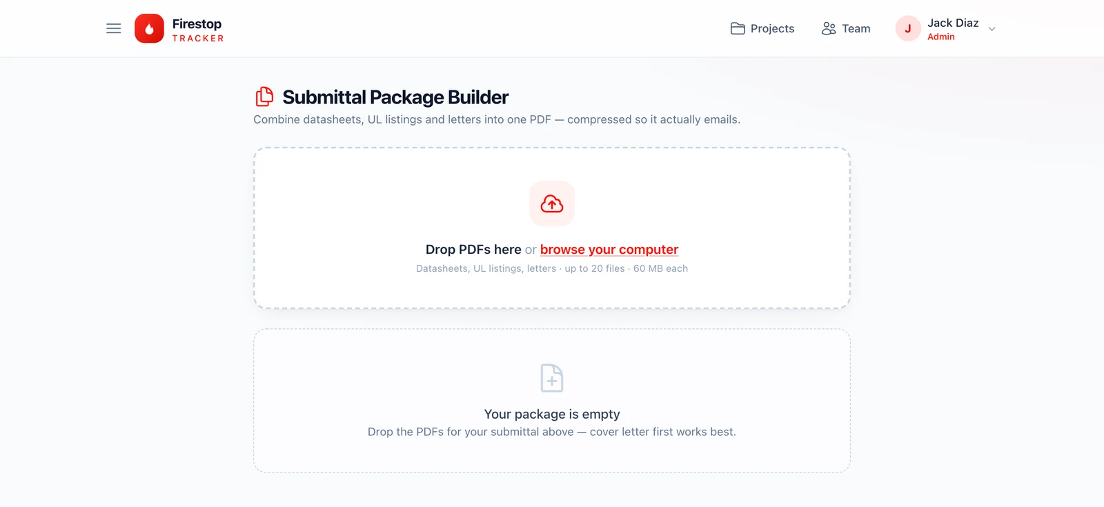 Submittal Package Builder — merge datasheets, UL listings and letters into one compressed PDF