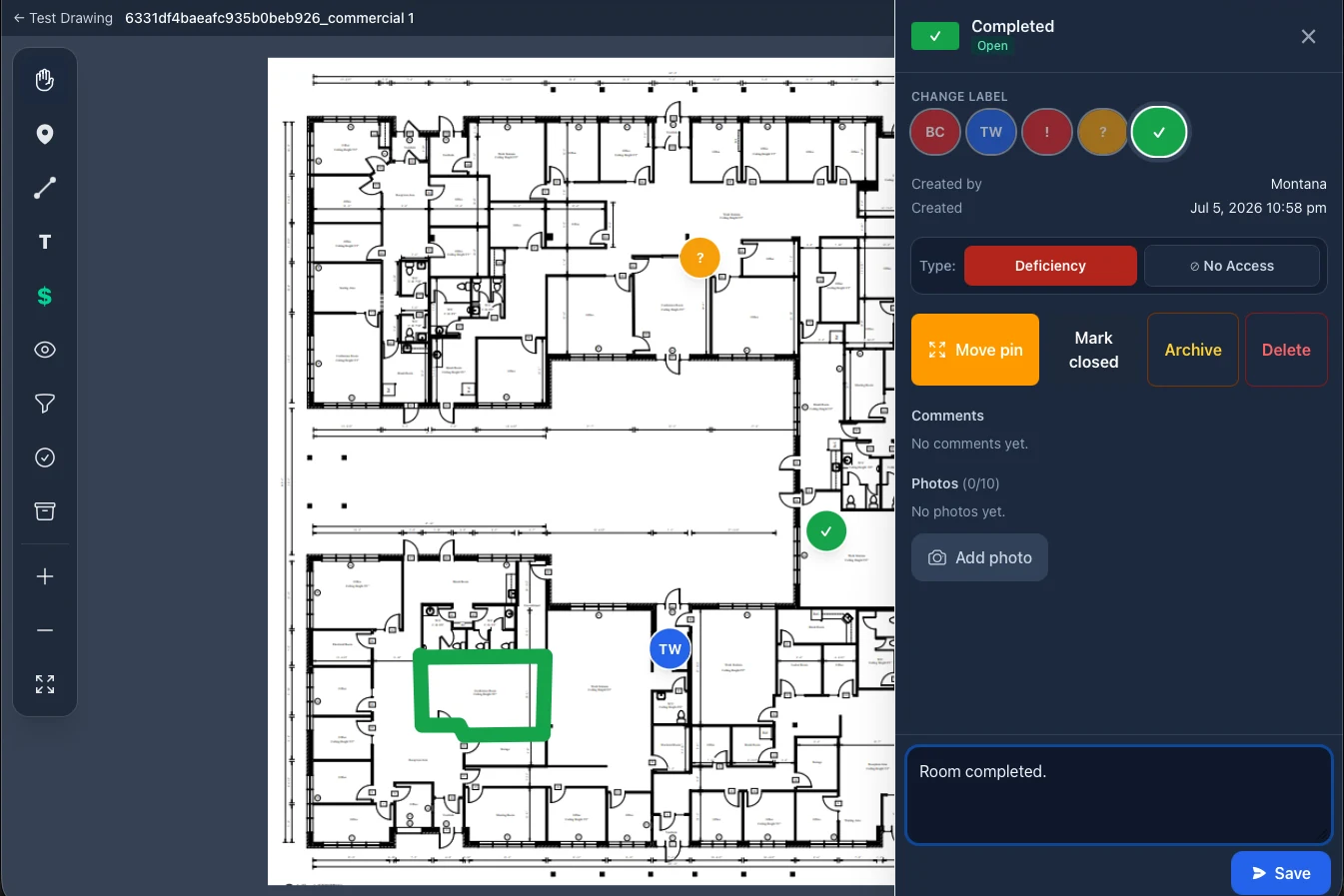 Firestop Tracker: a punch pin opened on a commercial floor plan — change label, mark closed, add photos and comments