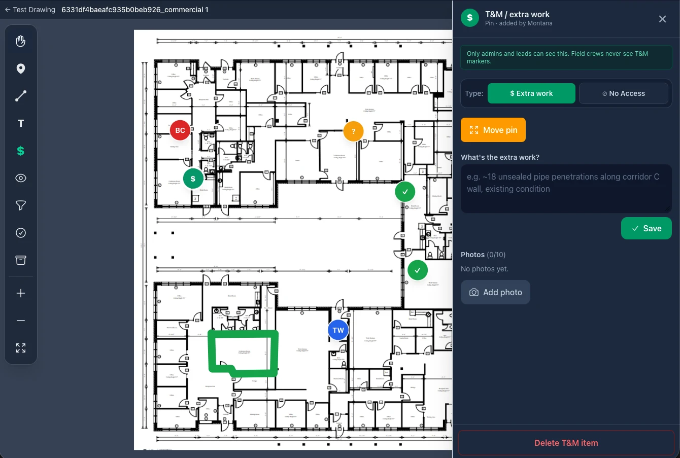 Time and materials extra work tracking on construction drawings, manager-only view